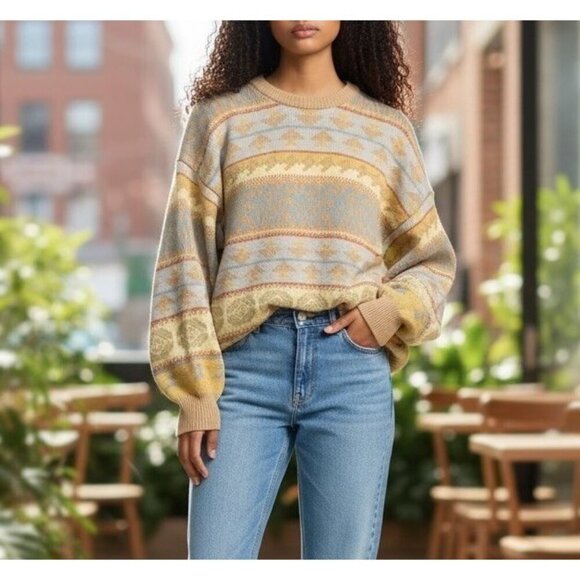 Vintage Sweaters - VINTAGE Womens Sz Large Pastel Abstract Knit Crewneck Grandma Sweater Slouchy